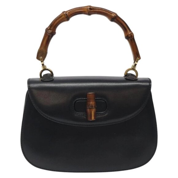 GUCCI Bamboo Hand Bag Leather Black Gold 000 46 0188 Auth 122152 - Picture 12 of 16